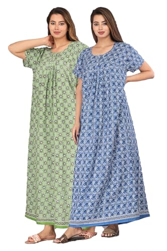 Image of Kuruti B Sheets Cotton Nighty for Women Jaipuri Print 2 Button Round Neck Short Sleeve Night Gown | Maxi Dress