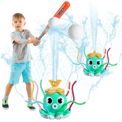 HeySplash Water Sprinkler Baseball Toy, 2 in 1 Water Spray Sprinkler Ball Set with 1 Detachable Sprinkler Head & 8 Wiggle Tubes, Outdoor Summer Toys Outside Toys for Toddlers and Kids, Green Octopus