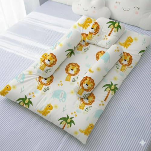 Image of StarAndDaisy Newborn Baby Bedding Nest 100% Cotton Cushioned Mattress Sheet with 2 Side Bolster Pillows & 1 Head Pillow Breathable & Soft Boys & Girl Design Safari Print