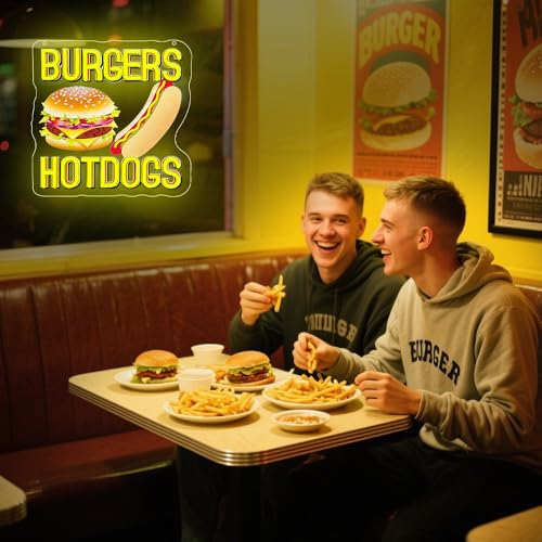Image of Hot Dogs Burgers Neon Signs for Wall Decor,Hot Dogs Led Neon Sign Party Decorations,Dimmable Hamburger Led Lights Sign for Business Food Restaurant Bar Birthday Party Decor,Hot Dog Shop Decor
