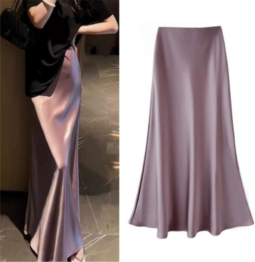 Women Satin Mermaid Long Skirt High Waist A Line Wrap Maxi Skirt Solid Color2