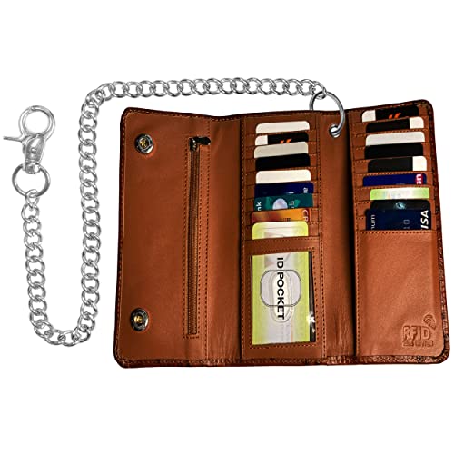 Image of Jackets 4 Bikes Genuine Cowhide Leather Trifold Long Chain Motorcycle Biker Trucker Wallet RFID Crocodile Brown