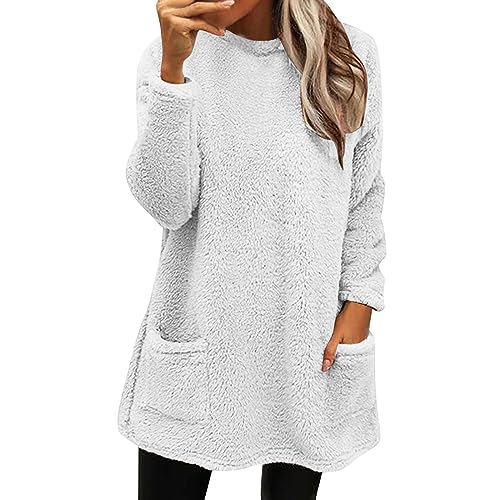 Sweatshirts for Women comfort hoodie for anxiety Long Sleeve Winter Shirts Round Neck Casual Warm Cute Long Tops White