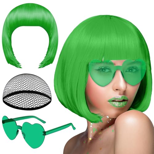 Image of PLULON Dark Green Bob Wig and Sunglass Set, Neon Short Bob Wig Sunglass Pack Costume Colorful Cosplay Wig Hairpieces for Bachelorette Neon Party Favors, Halloween Decorations