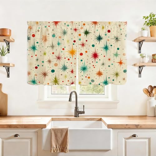 Image of Self Adhesive Retro Starburst Cabinet Curtain for Mother's Day, 39x28 Inch Mid-Century Modern Under Sink Skirt No Drill, Spring Cleaning Kitchen Decor, Hook and Loop Valance