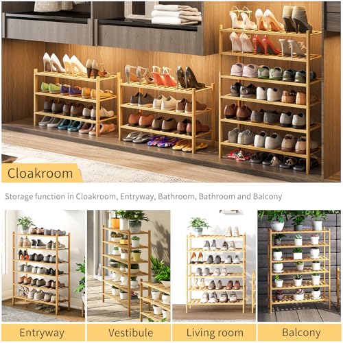 Image of 6-Tier Bamboo Shoe Rack for Entryway, Stackable | Heavy Duty | Multi-Function, Free Standing Shoe Racks for Bedroom Hallway Closet