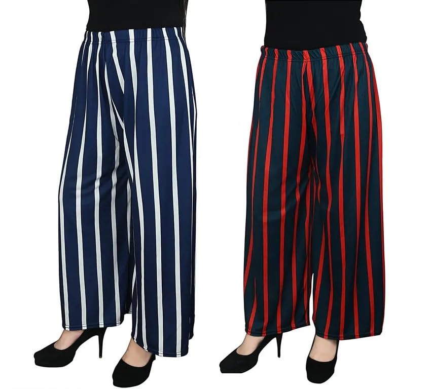 100luck Women's Rayon Striped Palazzo/Trouser/Lining Print/Loose fit Palazzo Pant for Girls. Pack of 2-picture-49
