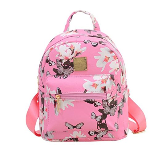 Kemilove Women Girls Floral Printing PU Leather Shoulder Bag Backpack (Pink)
