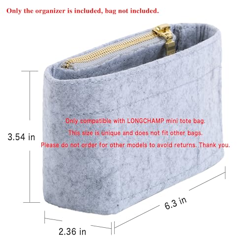 Image of Mini Purse Organizer Insert for Longchamp Le Pliage Small Tote - Felt Inner Bag Liner with Zipper Pocket, Lightweight Storage for Mini Handbags, Gray
