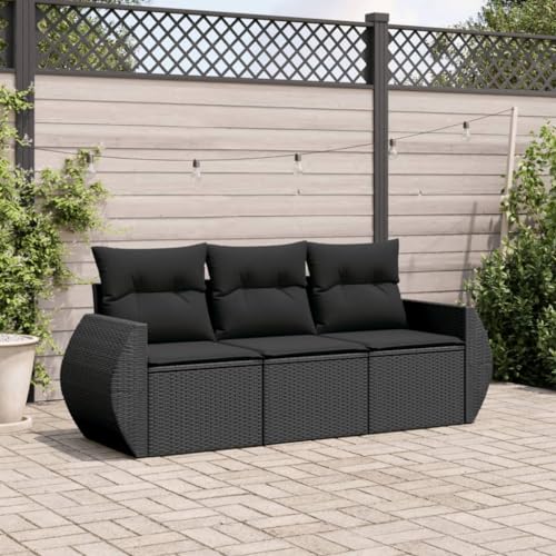 GeenYuu Juego de 3 sofás de jardín de ratán sintético negro con cojines, resistente a la intemperie, juego de muebles para balcón, terraza y jardín, conjunto de asientos modulares con espacio de