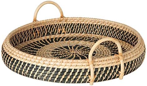 Round Rattan Serving and Breakfast Tray, Natural-Black