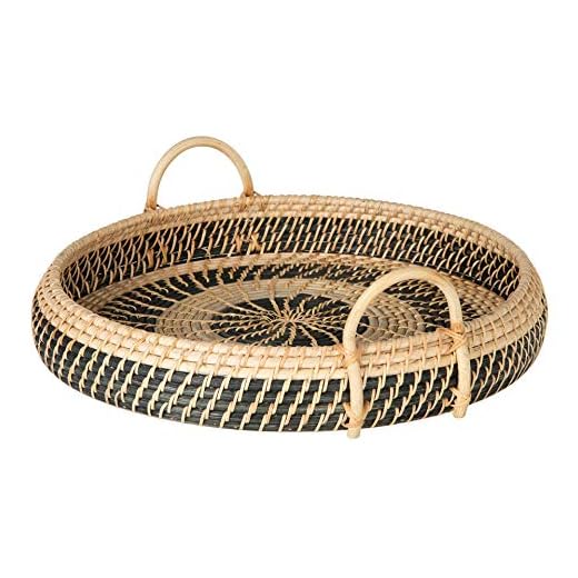 Round Rattan Serving and Breakfast Tray, Natural-Black