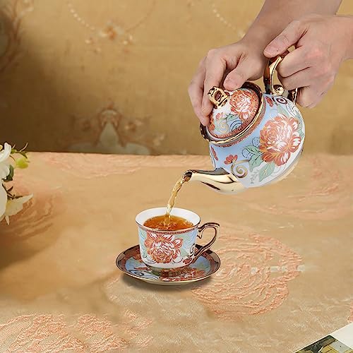 Tea Cup Set 20 Pieces Europeanism Royal Flower Series with Baked Flower Porcelain Tea Sets with 24 OZ Teapot and 6.8 OZ Coffee Cup/Teacup Suit Tea Sets for Women Tea Party Large Size(blue)
