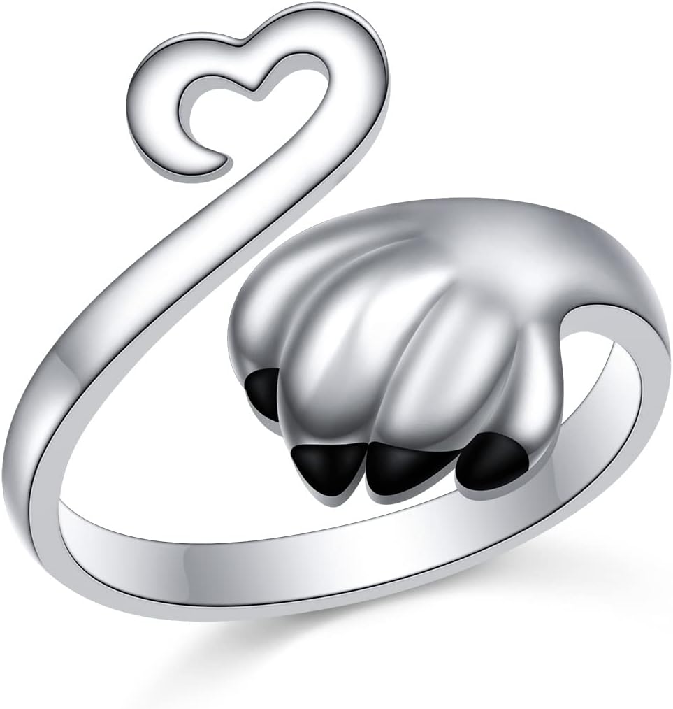 S925 Sterling Silver Puppy Pet Lovers Print Love Heart Open Adjustable Ring Pet Animal Jewelry Dog Cat Claw Loving Friend And Families Gifts
