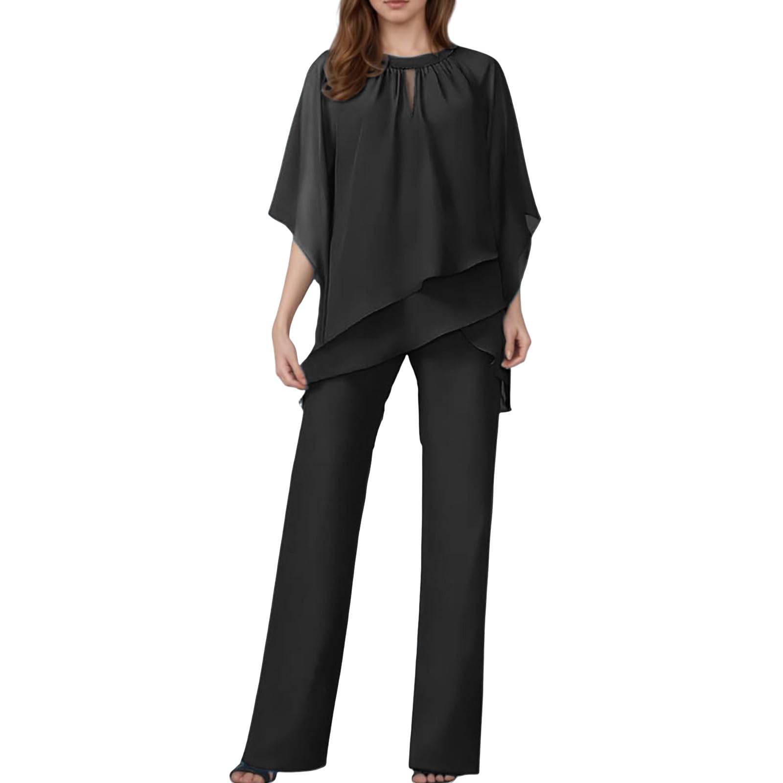 Womens Casual 2 Piece Outfits Mother of The Bride Pant Suits Two Piece Chiffon Pantsuit Dressy Formal Outfits