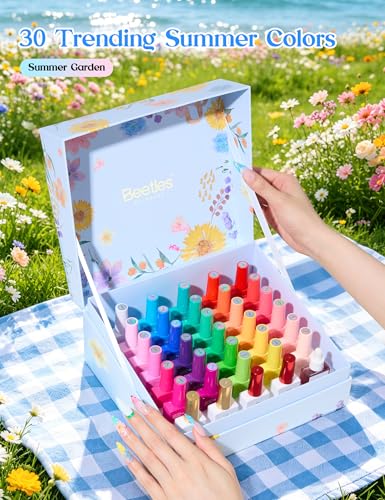 Image of Beetles Summer Gel Polish Set - Hema-Free Summer Garden Collection, 30 Colors Neon Bright Blue Purple Colors Polish with Base Top Coat Swatch Card Uv LED Lamp Gel Gifts for Women