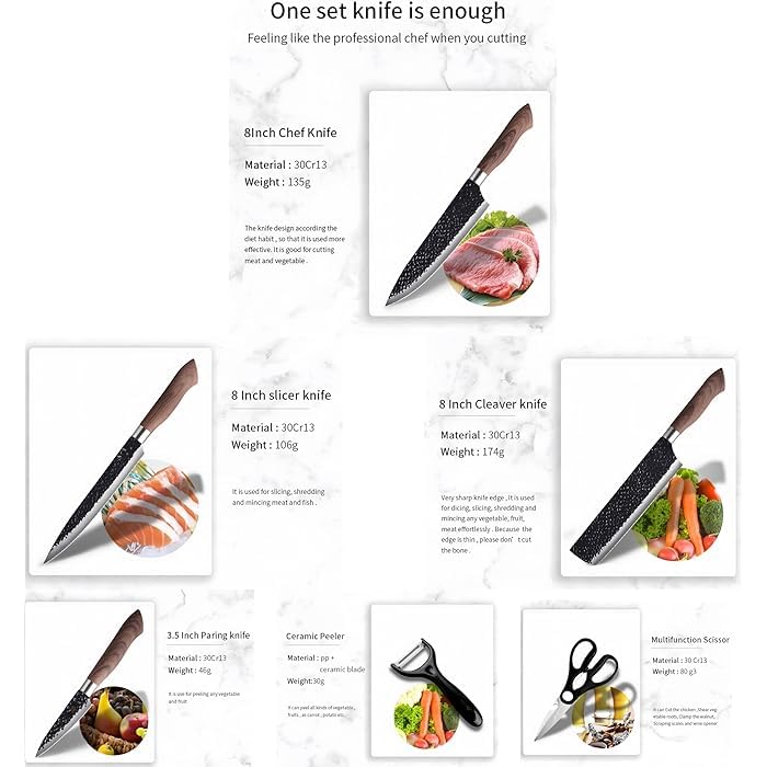 Image of Marco Almond 6 Pieces Professional Kitchen Knives Set,High Carbon Steel Forged Kitchen Knife Set,BBQ Meat Knives for Cooking,Sharp Chef Knife Set for Chef Cooking Paring Cutting Slicing(WOODAN)