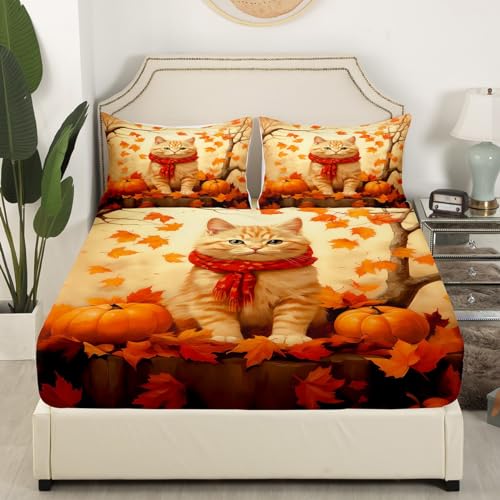 Feelyou Fall Sheet Set Full Size Cute Cat Bed Sheets Set for Boys Girls Teens Autumn Maple Leaf Decorations Sheets with Deep Pocket Fitted Sheet Happy Thanksgiving Bedding Set with 2 Pillow Cases - Image 3