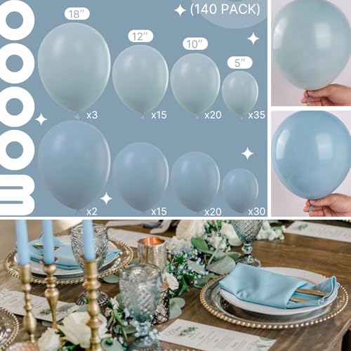 Image of PartyWoo Dusty Blue Balloons 140 pcs Different Sizes Pack of 18 12 10 5 Inch Boho Blue Balloon Arch Kit Garland For Birthday Graduation Baby Shower Wedding Party Decorations Blue-F28 and Blue-F55