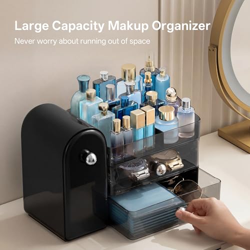 Image of HBlife Makeup Organizer Countertop with Drawers, Cologne Organizer for Men, Vanity Organizers with Brush Holder, Bathroom Countertop Organizer Skin Care Storage, Gift for Dad Husband, Black Silver