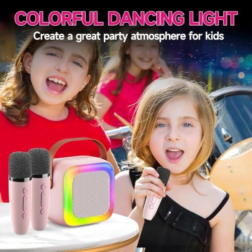 Image of Mini Karaoke Machine for Kids with 2 Wireless Microphones Portable Bluetooth Speaker, LED Disco Lights & Voice Changer, Great Birthday Gift for Girls Ages 3-12, Perfect for Family Parties and Home
