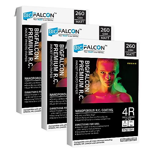 Image of BIGFALCON Premium 260 GSM 4R Size (4X6 inch) Matt (Luster) RC Resin Coated Waterproof Inkjet Photo Paper 150 Sheets for all Inkjet Printer (Pack of 3)