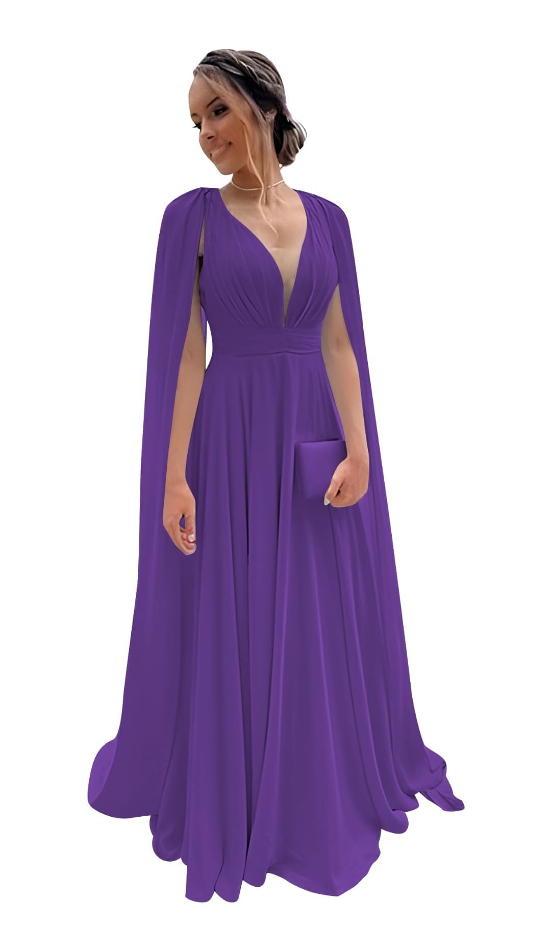 Chiffon Bridesmaid Dress for Women Cape Sleeve V-Neck Formal Evening Gowns with Pocket LBC020