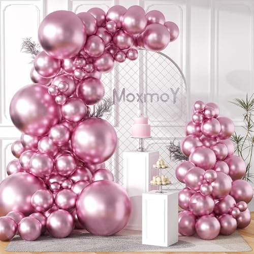 MOXMAY 102 Pieces Chrome Pink Balloons 18In 12In 10In 5In Different Sizes Metallic Party Balloon Kit for Birthday Halloween Christmas Wedding Baby Shower Bride Party Decoration (Chrome Pink)