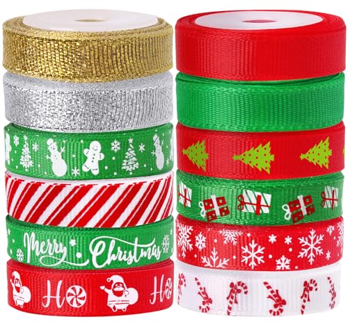 Tsorode 12 Rolls 60 Yards Christmas Ribbon for Gift Wrapping, ⅜ Inch Christmas Ribbon for Crafts, Glitter Grosgrain Ribbons DIY Xmas Decorations