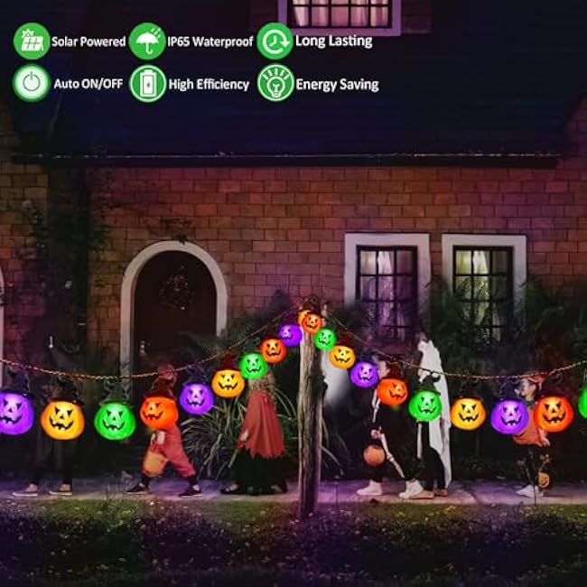 Upgraded Solar Halloween Lights Outdoor, Solar Powered Pumpkin String Lights,16ft 20LED 8 Modes Waterproof Halloween String Lights for Garden Patio Landscape Halloween Decorations(Multicolor)