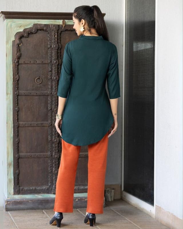 Image of Mlada Rayon Flare Top for Women | 3 /4th Sleeve Regular Fit and Flare Top | Women Office Tops Tunic | Western Long Shirt Top for Women | Shirt Collar Top for Women | Rayon Tunic Tops for Women Western