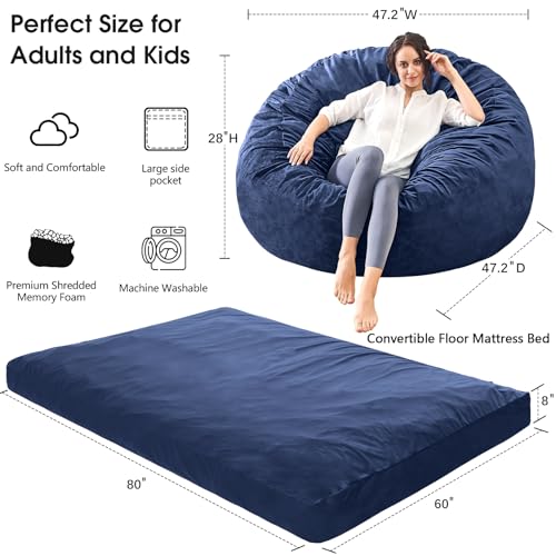 Bean Bag Chairs for Adults - Giant Bean Bag Chair Convertible Bean Bag Bed - Beanbag Chair with Micro Fiber Cover/Furniture Foam Filler - Floor Couch Sofa in Bedroom Dorm Room - Queen Navy Blue