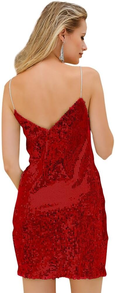 Women Sequin Sparkly Glitter Dress Sexy Sleeveless Backless V-Neck Cocktail Bodycon Party Clubwear Mini Dress 2XL Red