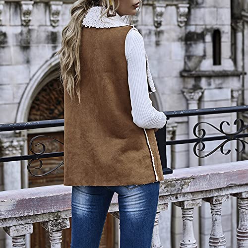 Tloowy Womens Faux Suede Shearling Lined Reversible Open Front Lapel Gilet Vest Sleeveless Jacket Faux Fleece Waistcoat(Brown,Small) #TOP3