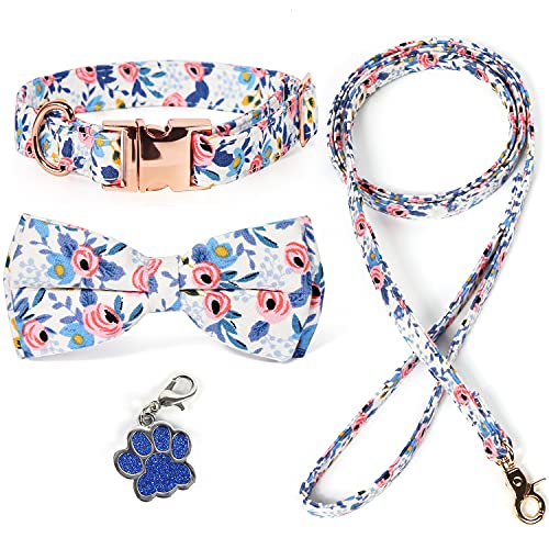 Dog Collar with Bow Tie, TUBELLUS Dog Collar and Dog Leash Set, Adjustable Dog Bow Tie Collar with Dog Tag & Metal Buckle for Small Medium Dogs (S)