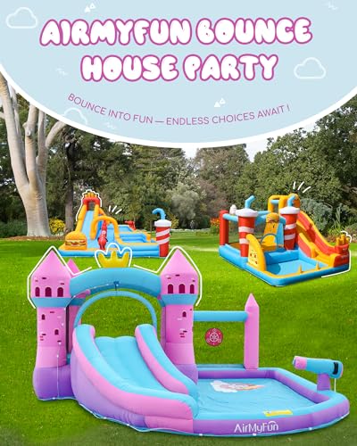 AirMyFun Pink Inflatable Waterslide, Water Bounce House for Big Kids 3-12 in The Backyard- Water Bouncy House for Wet and Dry, Splash Pool - Sturdy Outdoor Bouncer/Castle - Includes Blower& Repair Kit