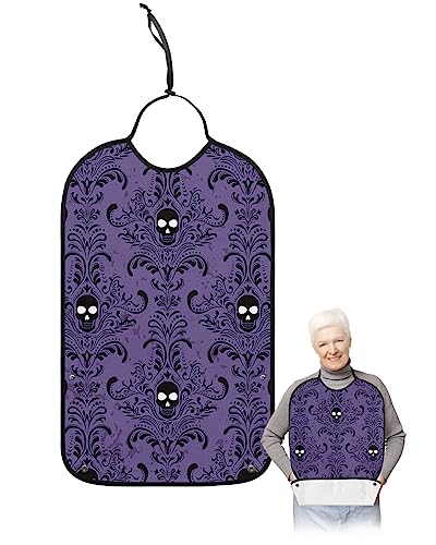 Halloween Adult Bibs for Eating, Waterproof Bibs with Food Catcher & Adjustable Snap Closure, Black Skull Modern Abstract Art Purple Washable Clothing Protectors Adult Bibs for Elderly Women/Men