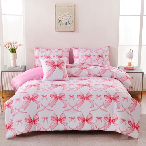 Image of DORCAS Bow Twin Comforter Set for Girls,6 Pieces Bed in A Bag Pink Bow Bedding Sets with Sheets for Kids