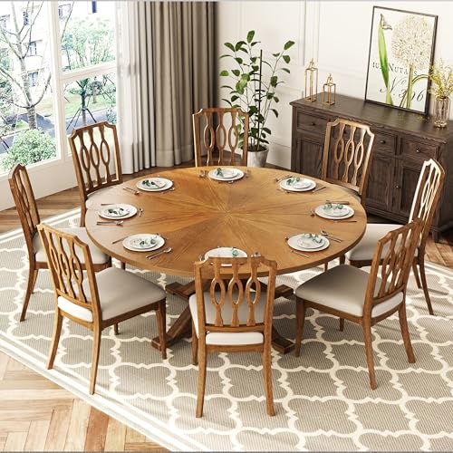 Image of 59 inch Solid Wood Round Dining Table for 6-8, Wooden Trestle Pedestal Base, Rustic Round Dining Room Table for Home Dining Room, Kitchen, Living Room