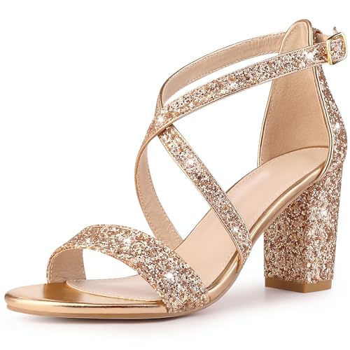 Perphy Glitter Sparkly Heels Crisscross Strap Chunky Heel Dress Shoes Sandals for Women