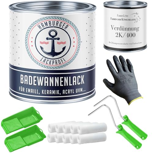 Hamburger Lack-Profi Badewannenlack im Set GLÄNZEND Weiß RAL 9010 Badewannenbeschichtung Emaille Farbe inkl. Farbroller, Handschuhe & Entfetter (X300) (1 L)