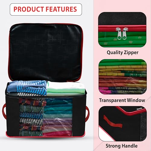 Image of Storite 5 Pack Nylon Underbed Storage Bags for Clothes with Zipper & Handle | Moisture-Proof Wardrobe Organizer Box for Sarees, Blankets & Toys | Foldable Cloth Storage Bags (Red & Black, 38x35x23 cm)