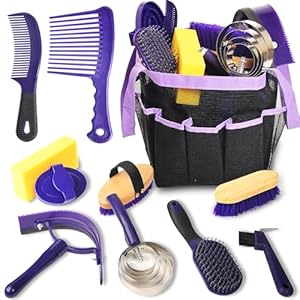 Horse Grooming Kit, 11 Piece Horse Bathing Supplies with Organize Bag, Horse Washing Full Body Kit, Including Sweat Scraper, Bath Sponge, Hoof Pick, Massage Comb(Purple）