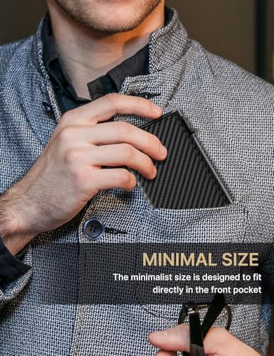 Image of Mens Wallet Card Holder: Genuine Leather, Smart, RFID Blocking, Slim, Pop Up Aluminum Case, Minimalist, Front Pocket - 9-14 Card Capacity, ID Window, Cash Slot (Minimalist Carbon Fiber Black)
