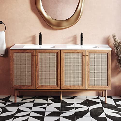 Image of Classe 60 inch Freestanding Bathroom Vanity in Golden Oak with Double Basin Sink Top