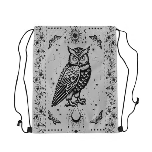 Castle Fairy Owl Drawstring Backpack 13"X16" Boho Gray Black Sackpack for Gym Sports Wild Animals Flower Galaxy Water Resistant String Bag for Women Men2
