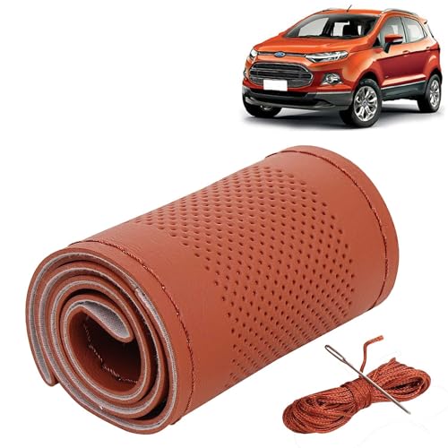 Image of KINGSWAY PU Leatherite Car Steering Cover Sewable Compatible with Ford Ecosport (Year 2012-2016), Tan Color with Tan Thread, Pack of 1 with Sewing Needle and Thread