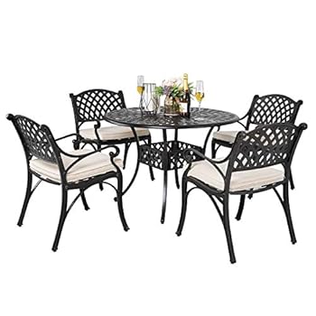 Alternative view of NUU GARDEN 5 Piece Outdoor Patio Dining Set with Beige Cushions, Cast Aluminum Round Dining Table with Umbrella Hole and Patio Dining Chairs for Garden, Balcony, Black with Bronze Edge