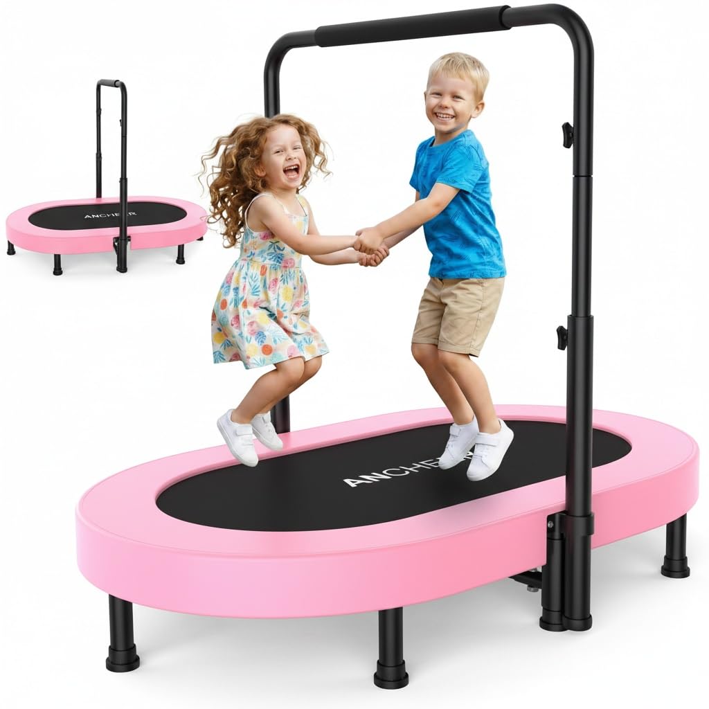 ANCHEER 56" Double Mini Trampoline for Kids, Mini Rebounder with 5-Level Adjustable Handle, Parent-Child Trampoline for Kids, Max Load 220lbs, Fun for Indoor/Outdoor