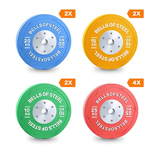 Image of Bells of Steel Competition Bumper Plates - Low Bounce, Vibrant Colour-Coded, Virgin Rubber Olympic Plates for Commercial and Home Gym - 450 mm Plate Diameter, 190 kg Weight Set
